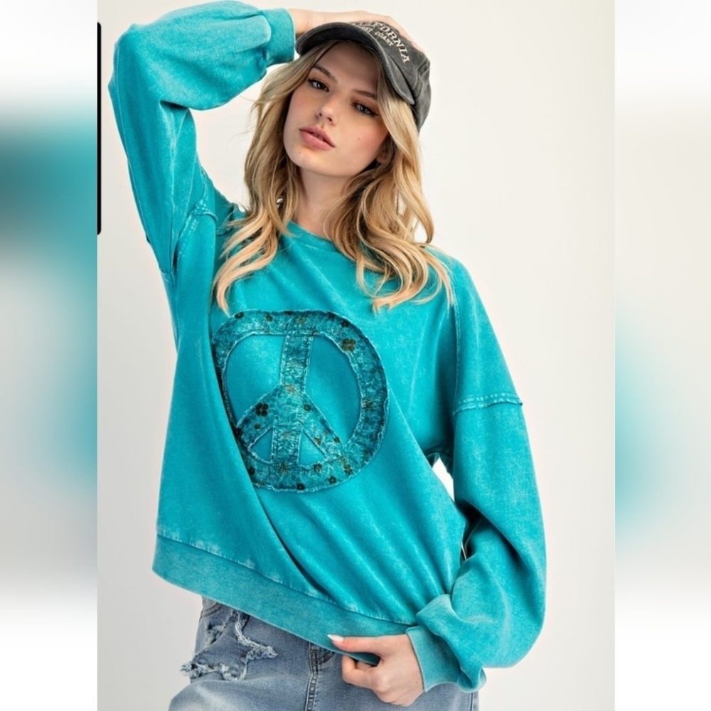 Easel Teal Peace Sign Symbol Washed Terry Pullover Sweatshirt New